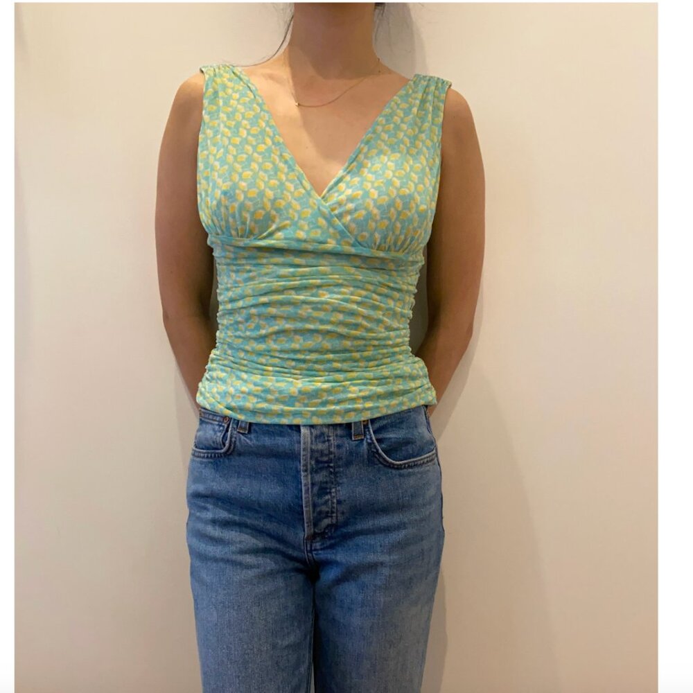 Diane von Furstenberg 100% Silk Blue/Yellow/White Sleeveless Blouse